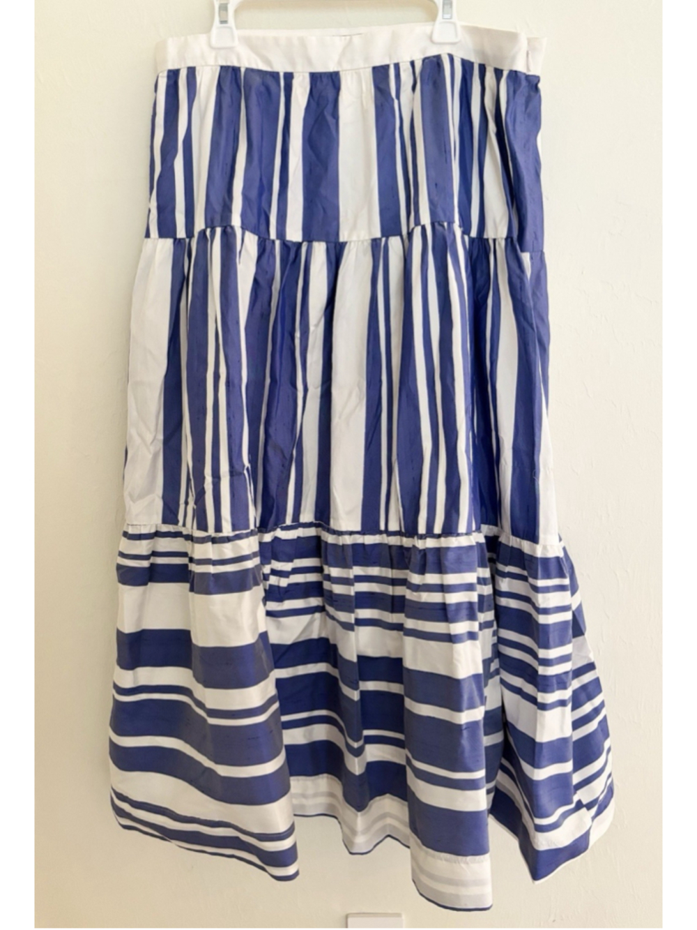J.Crew Silk Blend Taffeta Midi Skirt SZ 12 Blue White Stripe Formal Evening Prep